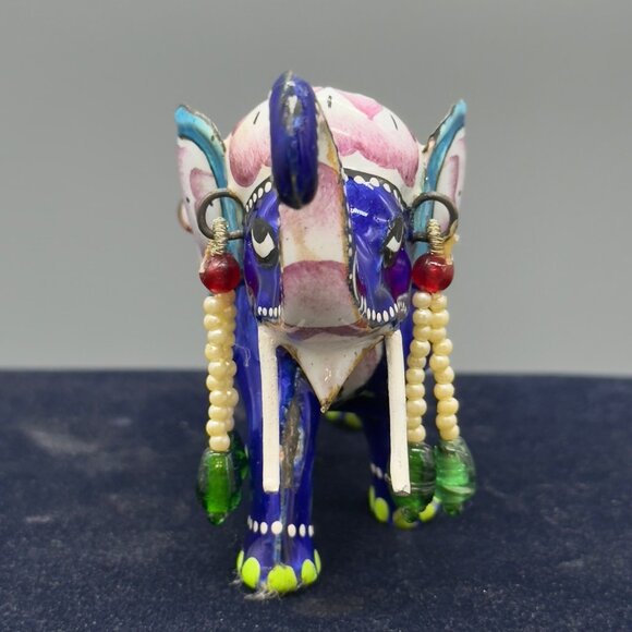 Vintage Hand Painted Meenakari Elephant Figurine With Beaded Accents 4"x3" - Picture 2 of 16